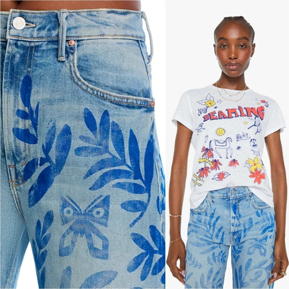 NWT Mother Denim The Lasso Sneak Jeans Pressed Leaves 29 Blue Painted Denim Jean - Picture 10 of 16